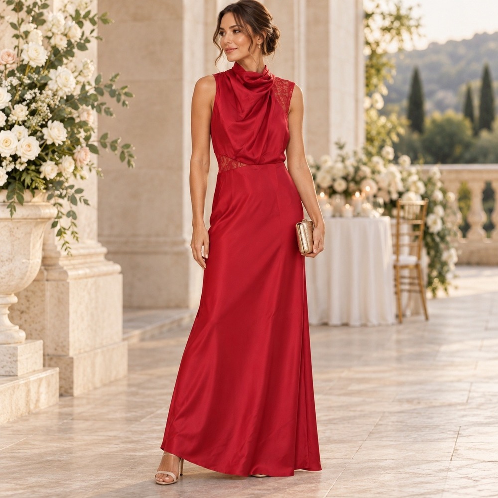 Petal & Pup Anabelle Red Satin Lace Halter Maxi Dress S Formal NWT